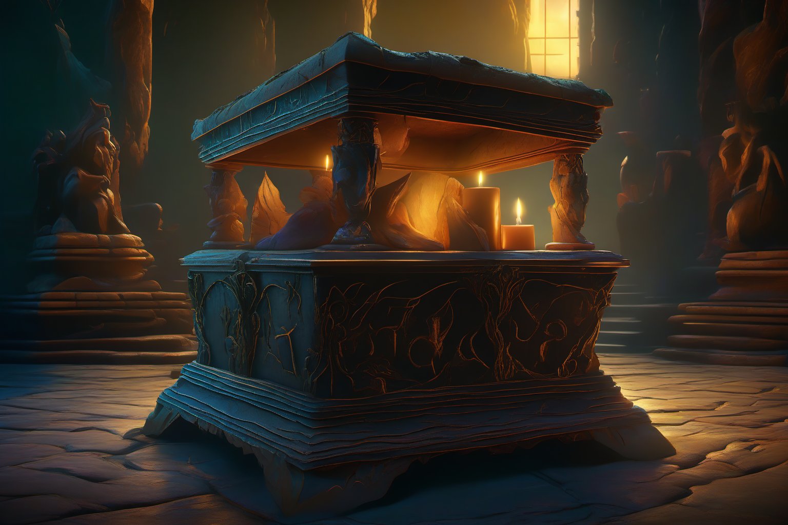 A mysterious Pandora's Box sits atop a worn stone pedestal, adorned with intricate carvings of ancient gods and mythical creatures. The box itself is ornate, featuring a delicate latch and a soft glow emanating from within. A subtle golden light illuminates the dark recesses of the surrounding chamber, casting long shadows across the walls. In the foreground, a single, flickering candle casts an eerie ambiance.