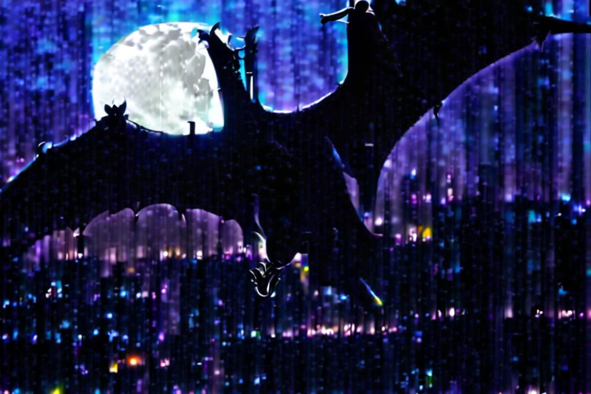 A darkened cityscape stretches out like a canvas beneath the moonlit sky as a pterodactyl with an imposingly vast wingspan cuts across the darkness, its sharp silhouette and piercing gaze striking a haunting pose against the twinkling stars. The faint glow of streetlights below illuminates the beast's rugged features, casting long shadows that seem to stretch on forever.