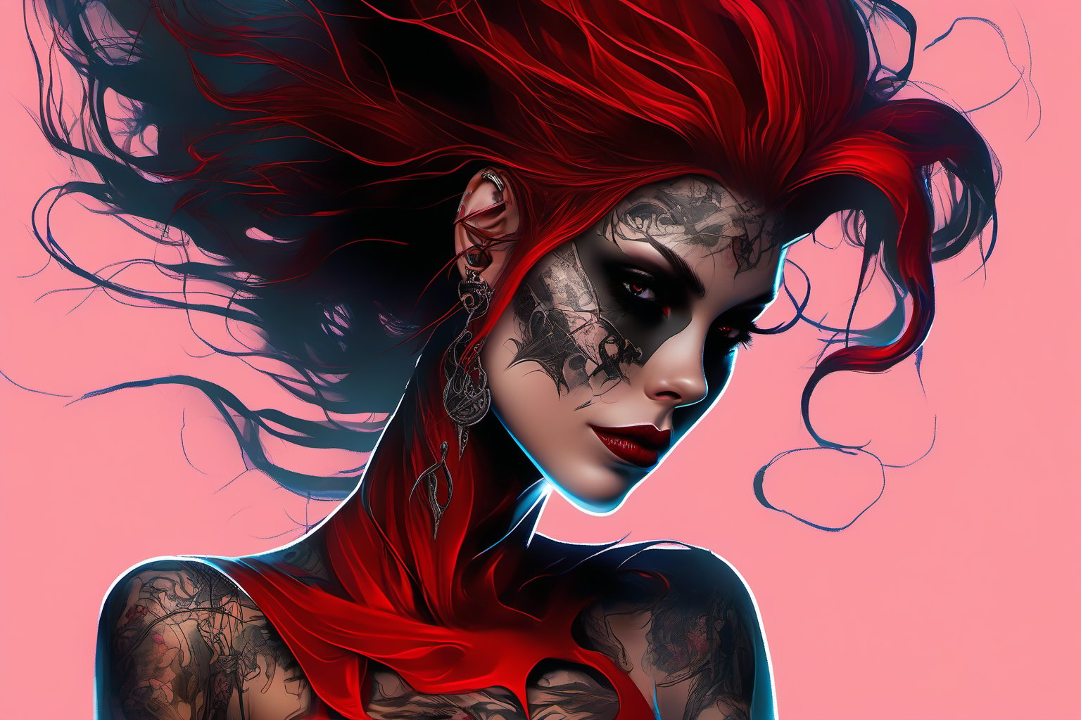 Tattoo sketch, by enki bilal, double exposure. high quality, high detail, (16K Ultra HD), (masterpiece), (best quality), (ultra realistic detail).  (beautiful rockabilly girl), (cherry red hair with dark roots), dark smoky background