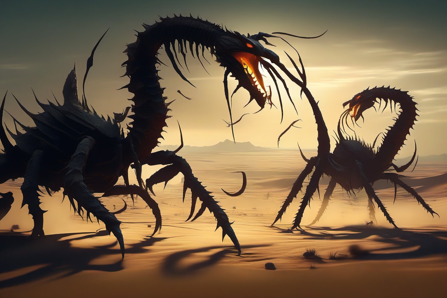 Deadly and epic war between two sinister creatures shaped like giant scorpions fighting in an arid and desolate desert