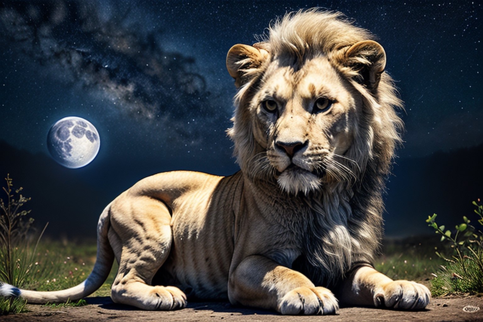 a white little lion looking at the stars in the moon, digital art