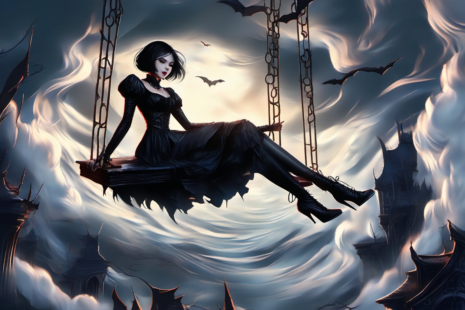 best quality,masterpiece, female vampire, above clouds, solo, short hair, bangs, black hair, dress, sitting, closed eyes, short sleeves, outdoors, parted lips, sky, day, cloud, white dress, blue sky, cloudy sky, swing