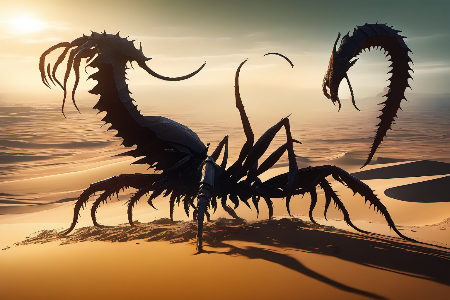 Deadly and epic war between two sinister creatures shaped like giant scorpions fighting in an arid and desolate desert