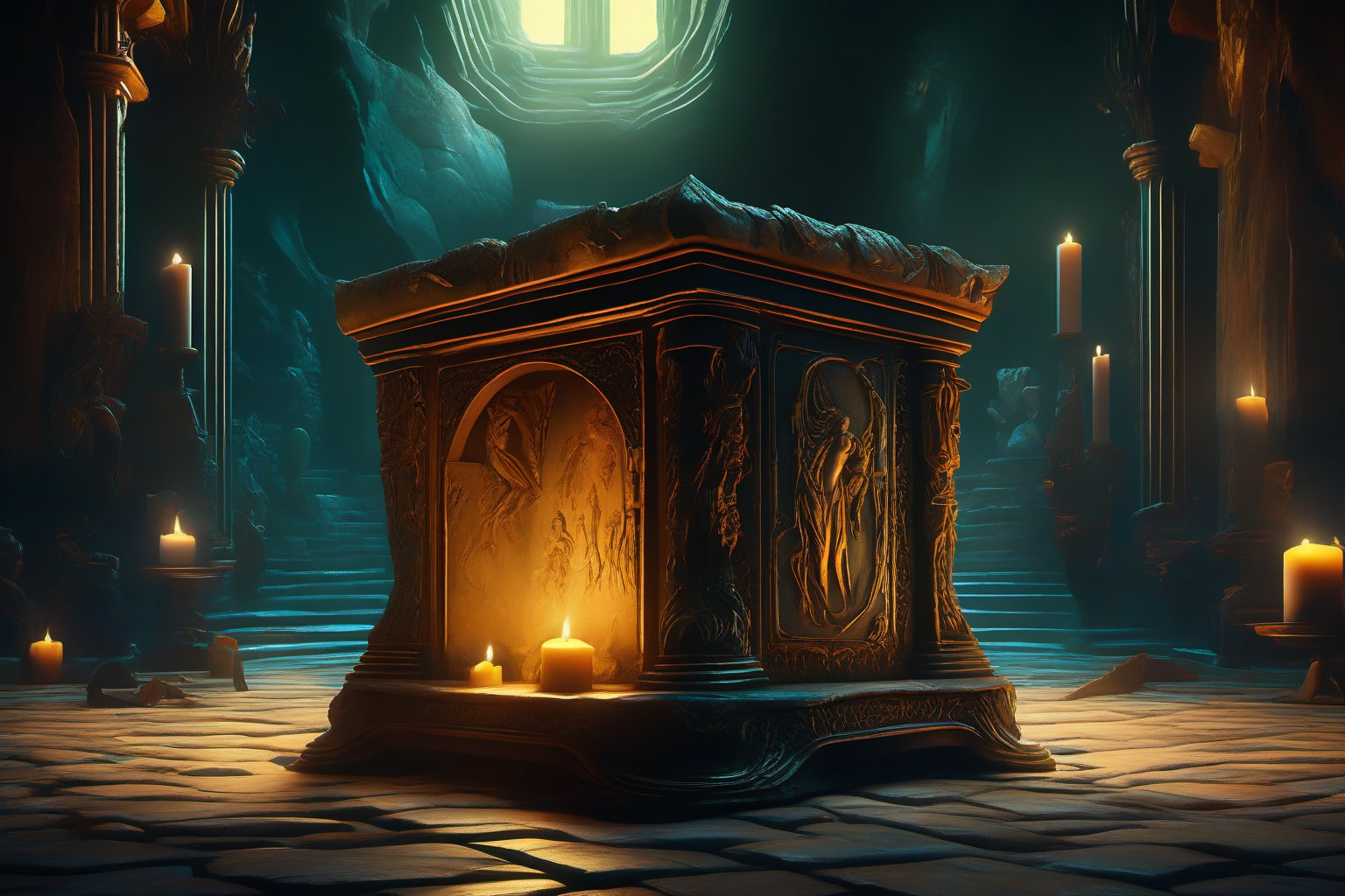 A mysterious Pandora's Box sits atop a worn stone pedestal, adorned with intricate carvings of ancient gods and mythical creatures. The box itself is ornate, featuring a delicate latch and a soft glow emanating from within. A subtle golden light illuminates the dark recesses of the surrounding chamber, casting long shadows across the walls. In the foreground, a single, flickering candle casts an eerie ambiance.