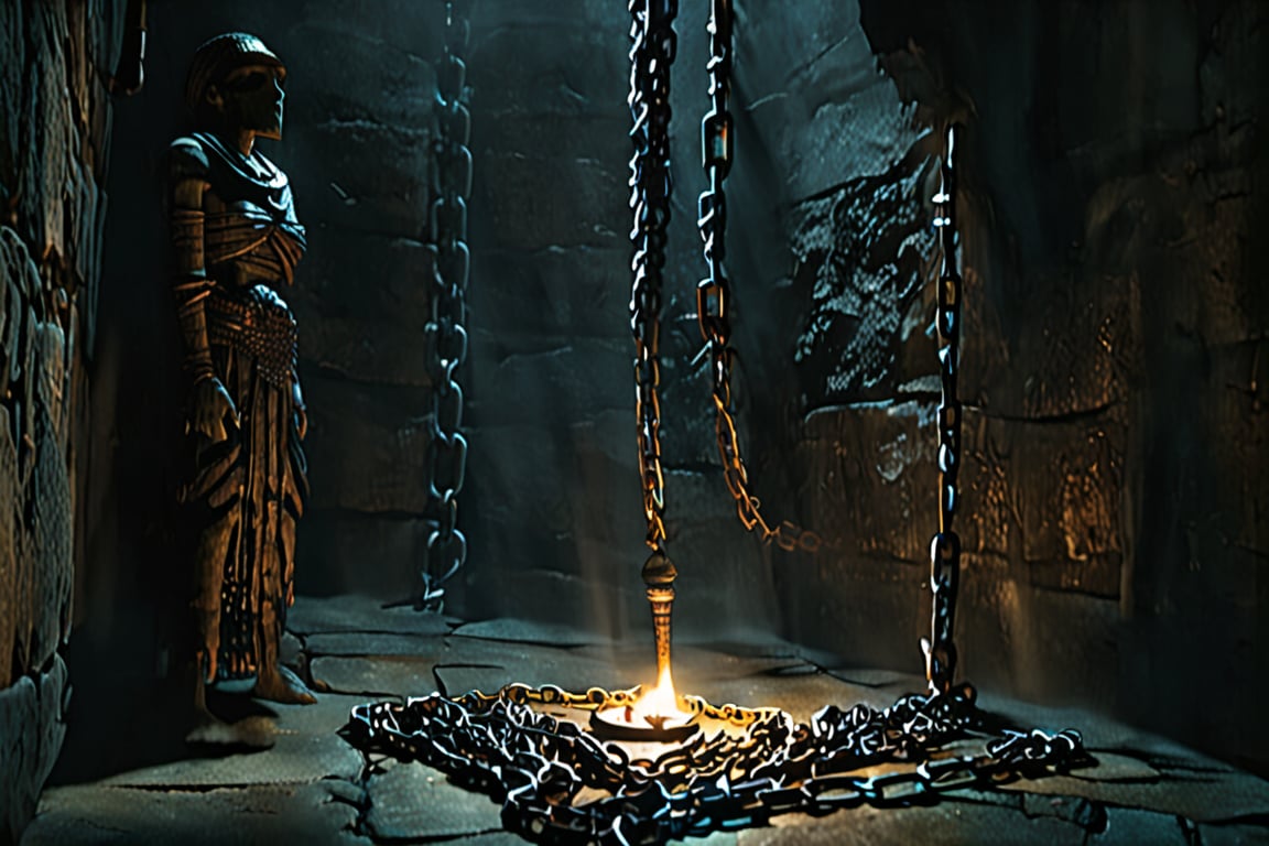 A dimly lit dungeon, stone walls looming dark and foreboding, chains binding the ancient mummy's wrappings tight as it stands amidst the eerie silence, the only sound being the faint rustling of tattered linen and the creaking of rusty iron, a solitary torch casting flickering shadows on the cold, damp floor.