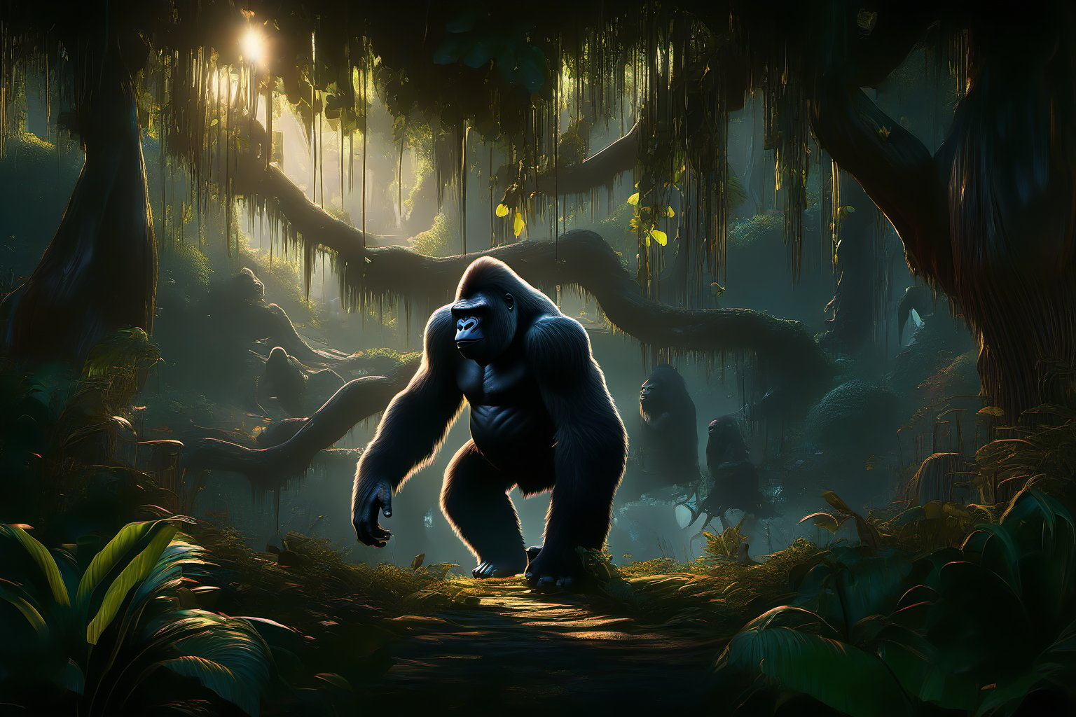 A majestic gorilla stands tall in the midst of a lush jungle, its Gigante-like stature commanding attention. The dense foliage provides a verdant backdrop for this powerful primate, its fur glistening in the dappled light filtering through the canopy above. The air is thick with humidity and the sounds of tropical life.