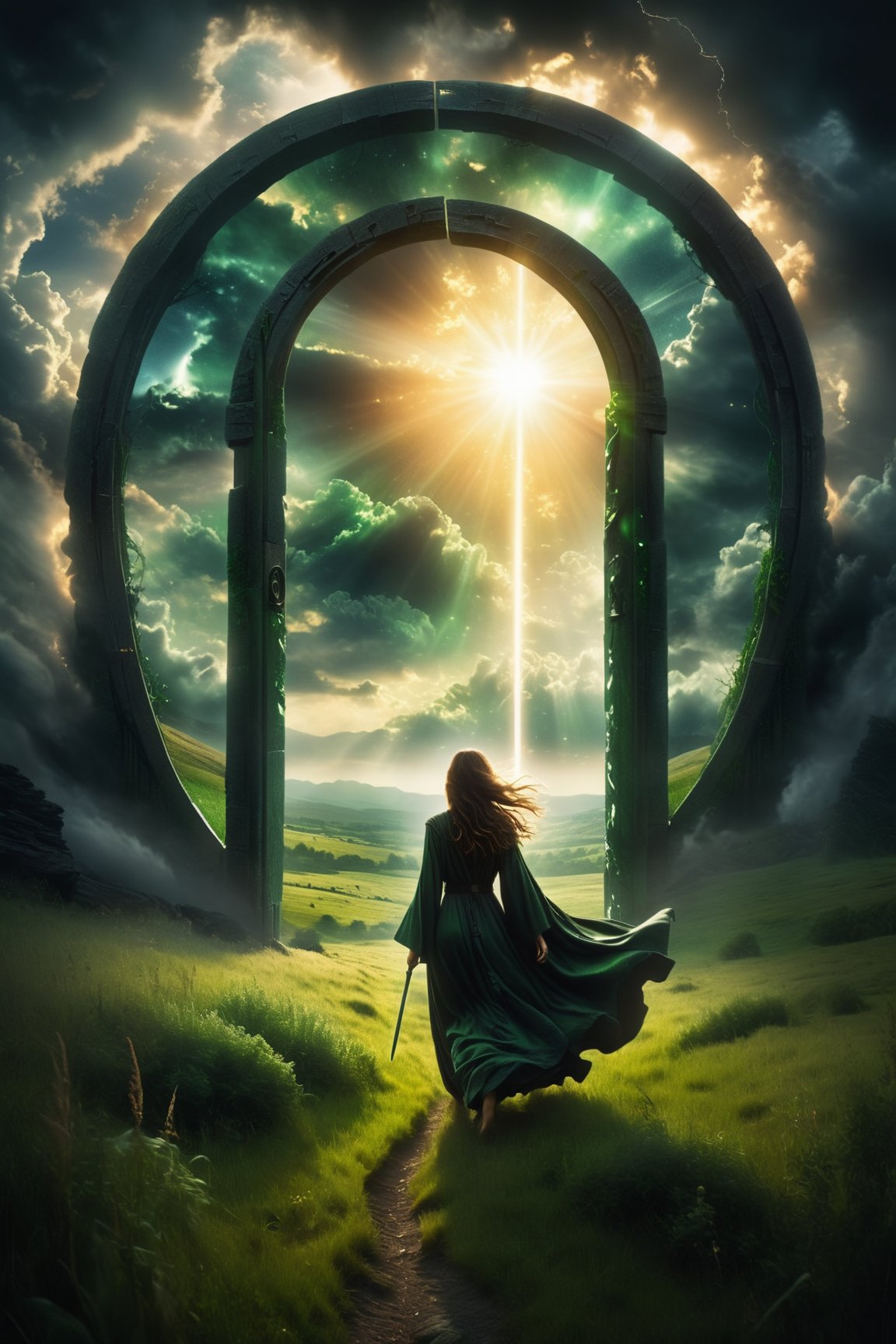 Color-grain Summer scene of a woman with billowing Long Hair Walking through a vast Green meadow Landscape with to a giant open door with a deep black abyss Grabbling Out of it resembling a stargate, veiled in a DARK robe resembling a jedi, very detailed, sunrise behind fluffy Clouds with extrem volumetric lighting backdrop, atmospheric haze, Film grain, cinematic film still, shallow depth of field, highly detailed, high budget, cinemascope, moody, epic,