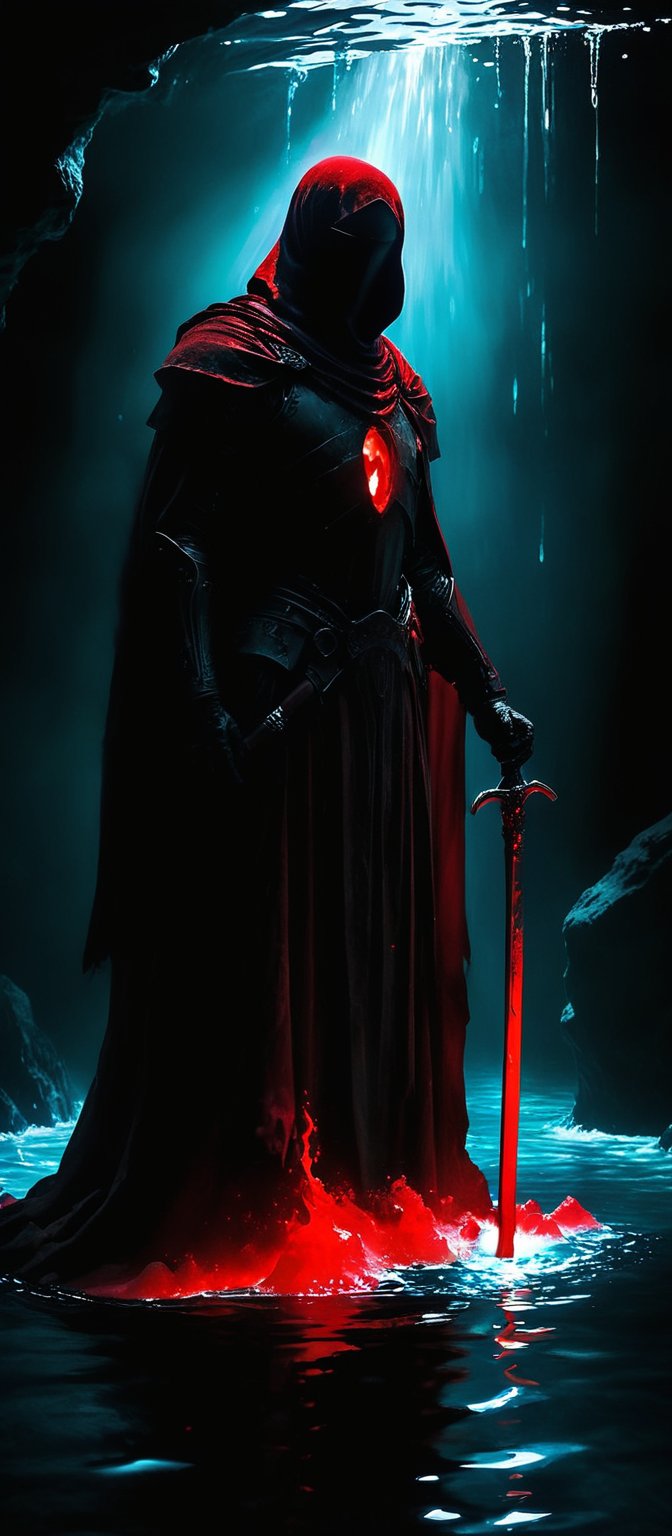 Dark Fantasy page, a reaper who seems to meld with the shadows, cloaked in armor made of bone and darkness, levitates over a pool of crystalline water with red hue. the figure exudes an air of mystery and forbearance, wielding a massive scythe with a dark, crimson aura. the image, whether painted or digitally rendered, captures the anomaly and maleficence of the character with vivid detail, high contrast, deep shadows 