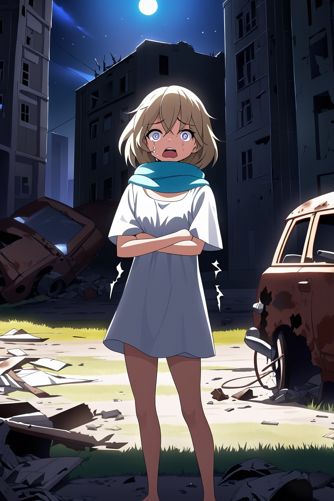 An artistic vision of a young woman standing in a night city street with shock on her face. She is dressed in a white T-dress, and a scarf draped over her shoulders. Hair was parted in the middle and framed the face symmetrically. Disheveled hair. Hair between the eyes. She is trembling in horror and clutching her fists. Moonlight. An abandoned town with ruined buildings, long deserted streets, rusty car wrecks, trees, grass, scattered garbage, conflagration. Dramatic lighting emphasizes shadows. Masterpiece. Highly detailed. Practical lighting. Close-up. art_booster, colorful