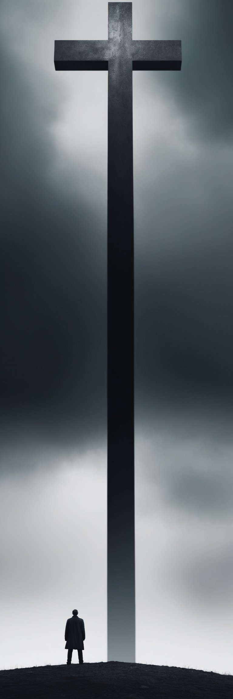 A depressing man, a hellish landscape, depressing dark colors, a huge and heavy steel cross on the man's back, a cross that reaches up to the sky with no visible head!