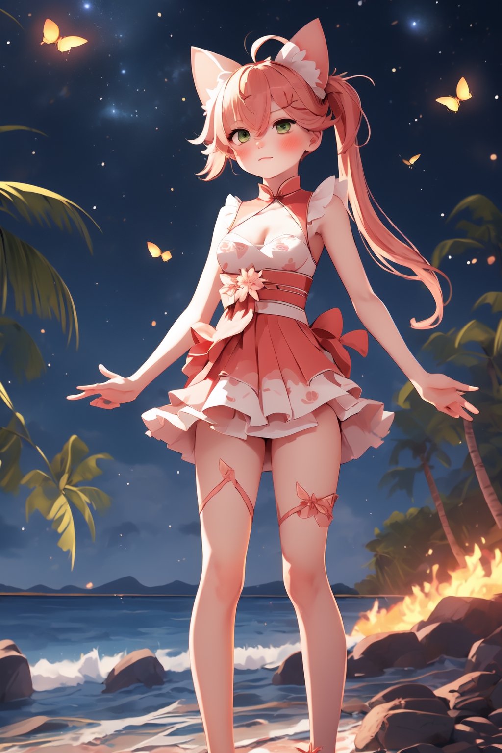 1girl,  solo,  shy,blush, nervous, Cross arms across in chest,  midjourney 
double ponytails,  chinese_dress, short skirt, net stocking  , standing, grassland,
,horror,firefliesfireflies,night sky,Beautiful Beach,SakuraMiko, long hair,cat