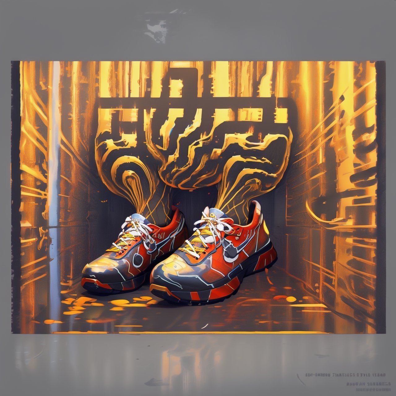 2d art , illustration drawing,  Basketball graffiti wall art style , shoe colored as golden state warriors color template, "stephen curry" tag , print design
