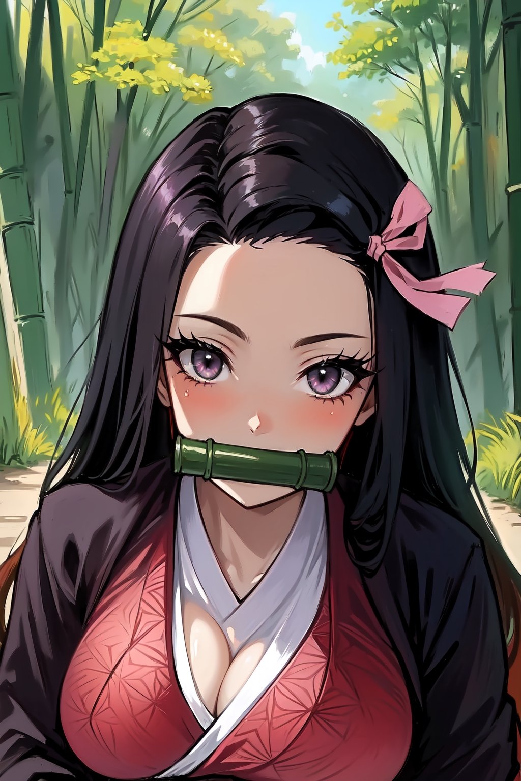 (masterpiece, best quality, glowing light, ultra detailed, detailed background, complex background), (perfect face, detailed face), (mature female, milf:1.4), full-face blush, thighs, parted lips, light smile, , nezuko, long hair, ribbon, hair ribbon, looking at viewer, pink ribbon, japanese clothes, kimono, gag, very long hair, bit gag, pink kimono, forehead, bamboo, gagged, obi, long sleeves, checkered sash, haori(garden, outdoors)  ,nezuko