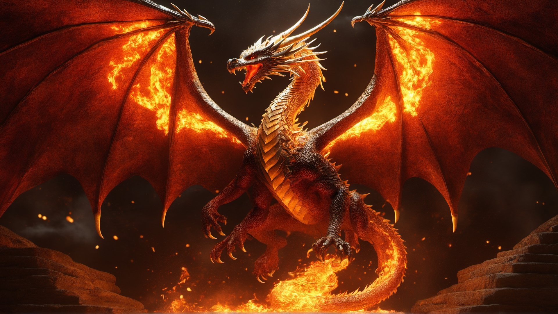 (masterpiece), ((best quality + highres + stunning art)), (aesthetic + beautiful + harmonic), {{Floating fire magic and a burst of flames}}, ((cinematic lighting + dynamic angle), ray tracing, ((very aesthetic)), (symmetrical intricate details + sharpen symmetrical details), (((face closeup:1.5)) of the gelid dragon, a dragon with its scales engraved with fire intricate details, imposing and flames wings, a glowing and hot stare, inside its fire lair that no one dares to enter),realistic