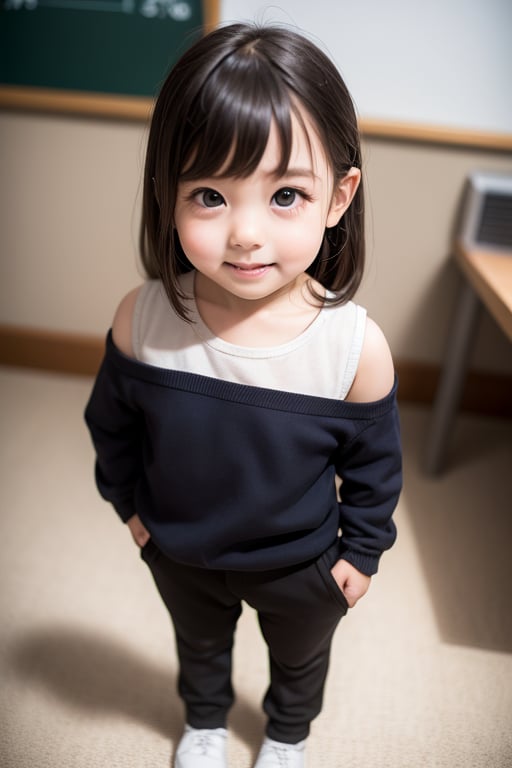 A masterpiece of a 6-year-old Japanese girl in a kindergarten, Very detailed, Full-body portrait, Standing with a slight smile, Wearing long pants and a cute off-the-shoulder knit sweatshirt, Black long hair, Symmetrical face, Realistic features, Big bright eyes with double eyelid, Innocent and curious expression, Soft and natural lighting, Gray background, Semi-backlit, Age 6.