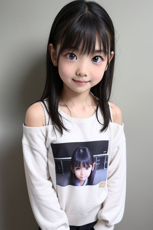 A masterpiece of a 6-year-old Japanese girl in a kindergarten, Very detailed, Full-body portrait, Standing with a slight smile, Wearing long pants and a cute off-the-shoulder knit sweatshirt, Black long hair, Symmetrical face, Realistic features, Big bright eyes with double eyelid, Innocent and curious expression, Soft and natural lighting, Gray background, Semi-backlit, Age 6.