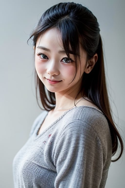 A masterpiece of a 6-year-old Japanese girl in a kindergarten, Very detailed, Full-body portrait, Standing with a slight smile, Wearing long pants and a cute off-the-shoulder knit sweatshirt, Black long hair, Symmetrical face, Realistic features, Big bright eyes with double eyelid, Innocent and curious expression, Soft and natural lighting, Gray background, Semi-backlit, Age 6.