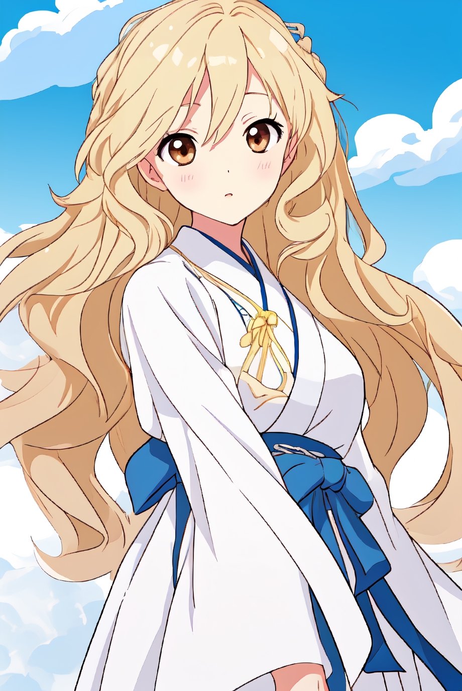 (masterpiece), (best quality) 1 girl solo, blonde hair, wavy hair, White hanbok, Brown eyes, blue sky (anime style)