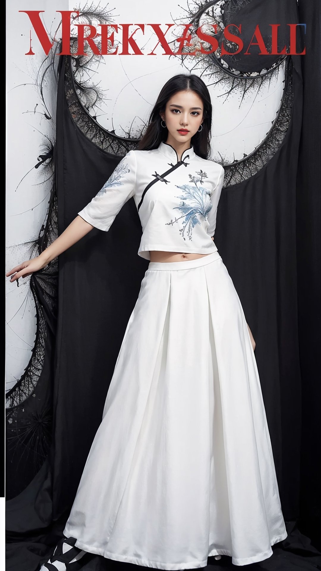 extreme detailed, (masterpiece), (top quality), (best quality), (official art), (beautiful and aesthetic:1.2), (stylish pose), (1 woman), (fractal art:1.3), (colorful), (black-milkywhite theme: 1.2), ppcp,long skirt,perfect,ChineseWatercolorPainting, magazine cover,