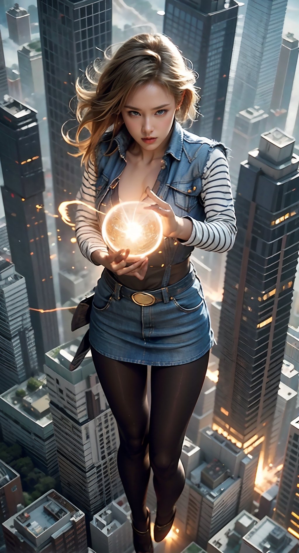 masterpiece, ultra realistic, 8K, Android_18_DB, full body, denim skirt, pantyhose, face focus, blond hair, look afar, top-down view,no gravity, she is weightlessness and flying through the buildings, cityscape,exploring,superwoman position, huge lighting balls in hands,thunder rings around the ball,，