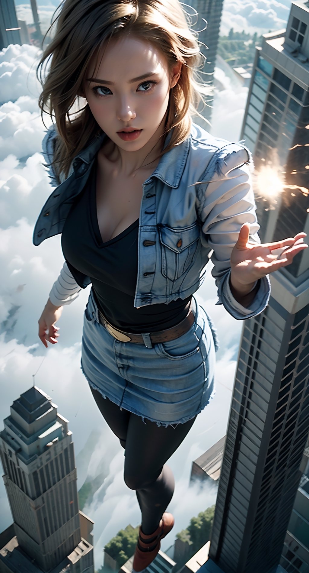 masterpiece, ultra realistic, 8K, Android_18_DB, full body, denim skirt, pantyhose, face focus, blond hair, look afar, top-down view,no gravity, she is weightlessness and flying through the buildings, cityscape, cloudy, superwoman position,lighting rings,(a big thunder ball between hands),cloudy,