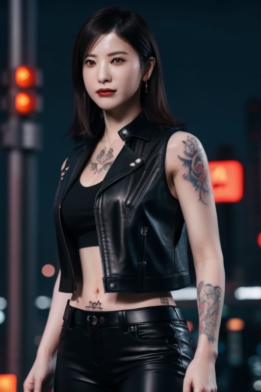 Finest, masterpiece, 8K, beauty, Japanese woman, angry,((tattoo)), black leather pants, black leather vest, female mafia, cyberpunk city, night,ftifa, ,TifaFF7,