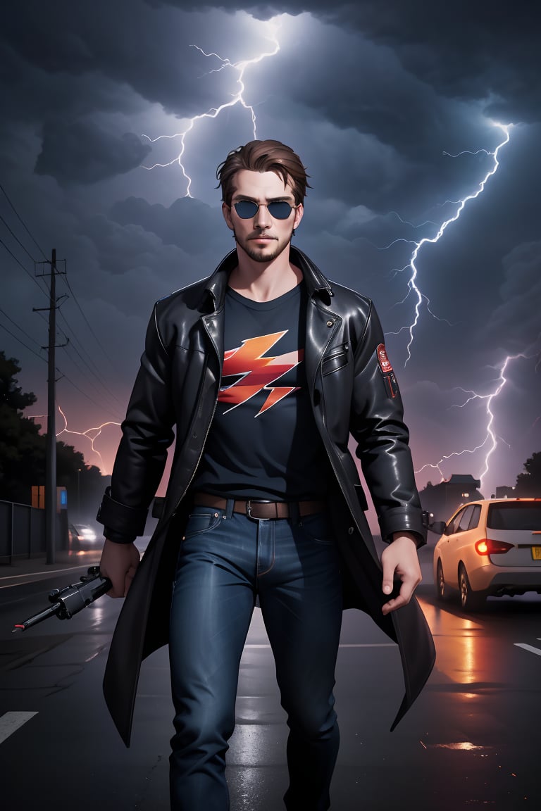 PHOTO, concept male art masterpiece, handsome dark brown haired man in coat and shirt and jeans on, holding lightning bolt, tall, combed dark brown hair, short hair, facialhair, goatee, wearing well-rendered reflective sunglasses, blue eyes,feet out of frame, looking at viewer, stylish, flat lightning bolt themed conceptual studio background, intense (ActionVFX), leica 85mm, shallow depth of field, uhd, smooth clear clean realistic professional photo image scan masterpiece, associated press, commercial image, centrefold, no crop,lantzer,dark stormy background 