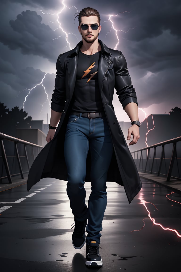 PHOTO, concept male art masterpiece, strong athletic physique, handsome dark brown haired man in a long coat and black shirt with a lightning bolt, dark blue jeans on, tall, combed dark brown hair, short hair, facialhair, goatee, wearing well-rendered reflective sunglasses, blue eyes,feet out of frame, looking at viewer, stylish, flat lightning bolt themed conceptual studio background, intense (ActionVFX), leica 85mm, shallow depth of field, uhd, smooth clear clean realistic professional photo image scan masterpiece, associated press, commercial image, centrefold, no crop,lantzer,dark stormy background 