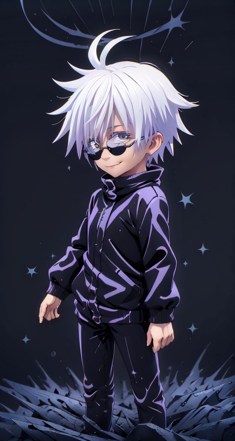 (Super Chibi) (Very Small Body) (Shame face) (black and silver background) (there are small lopes surrounding the character) (Dark), gojo, short hair, looking at viewer, smile, white hair, long sleeves, closed mouth, standing, jacket, open eyes, white shirt, male focus, cowboy shot, black eyes, black jacket, black circle glasses profile, full_body,  3D