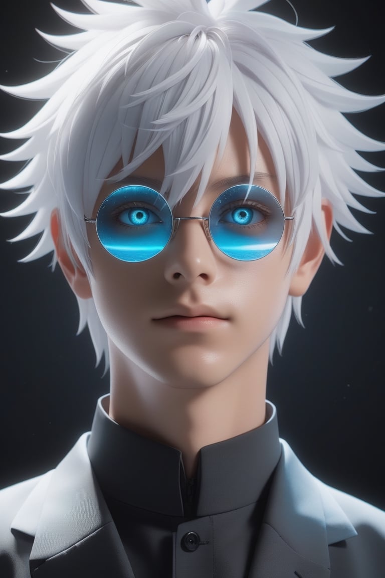 masterpiece, extremely best quality,  official art, (face focus, handsome,  masterpiece,  best quality,  1man, cyan eyes, mullet shortcut hair syle, white hair, eyebrows(white), eye_lashes (white), circle glasses with black lens, black background,  solo,  standing,  pixiv:1), 3d,  looking up,  full body,  light particle,  highly detailed,  best lighting,  pixiv,  depth of field,  (handsomeface),  fine water surface,  incredibly detailed,  (an extremely handsome),  (best quality), 3D anime,  Anime face,  noctic, camera Canon D5 , medium camera_view,more detail XL