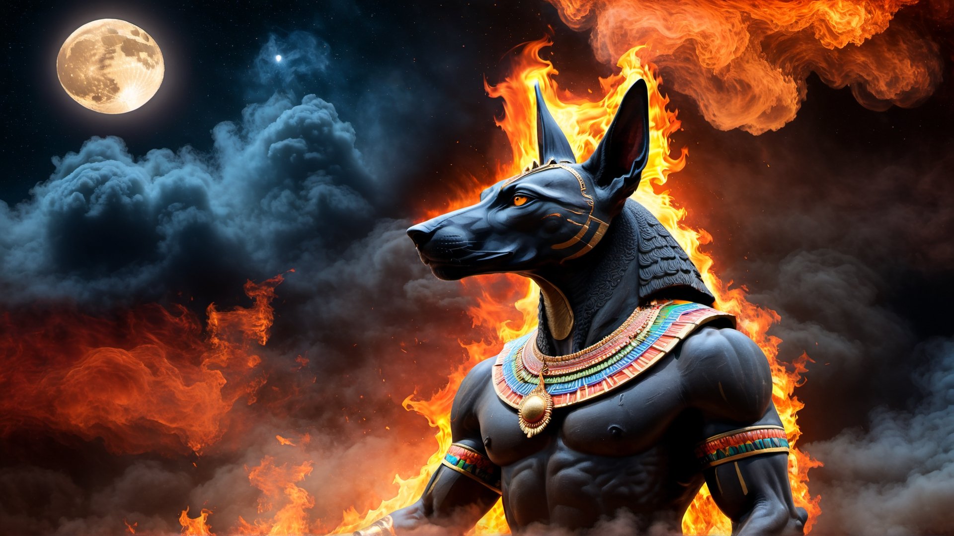 HD image of Anubis multicolored detailed fire and smoke, moon background