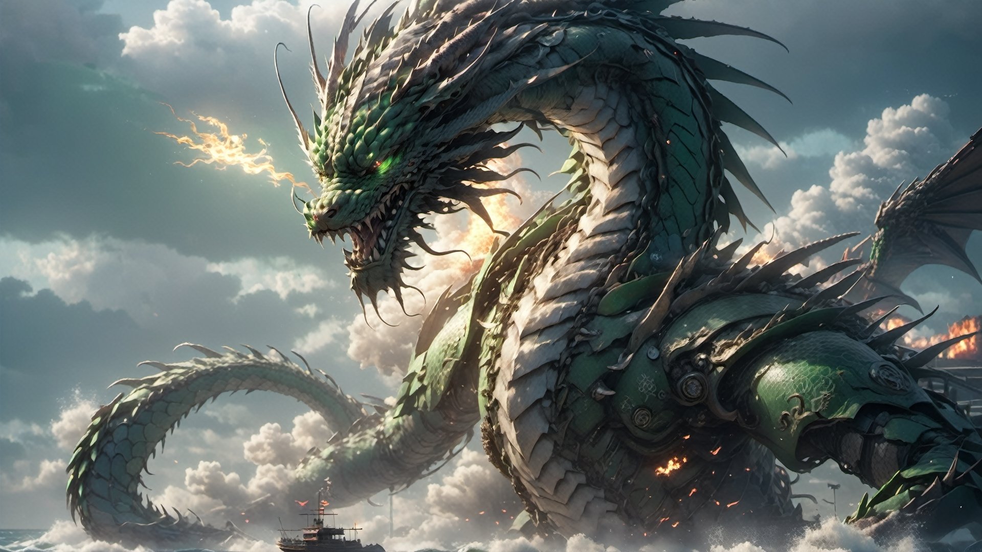 a green Chinese Dragon, half machine, machine joints, cyberpunk, metal wings ,angry expression,full body, fire, floating in tsunami, ocean,cloudy_sky,cinematic lighting,strong contrast,high level of detail,Best quality,masterpiece,, . Extremely high-resolution details, photographic, realism pushed to extreme, fine texture, incredibly lifelike, leggendary  HD,3d