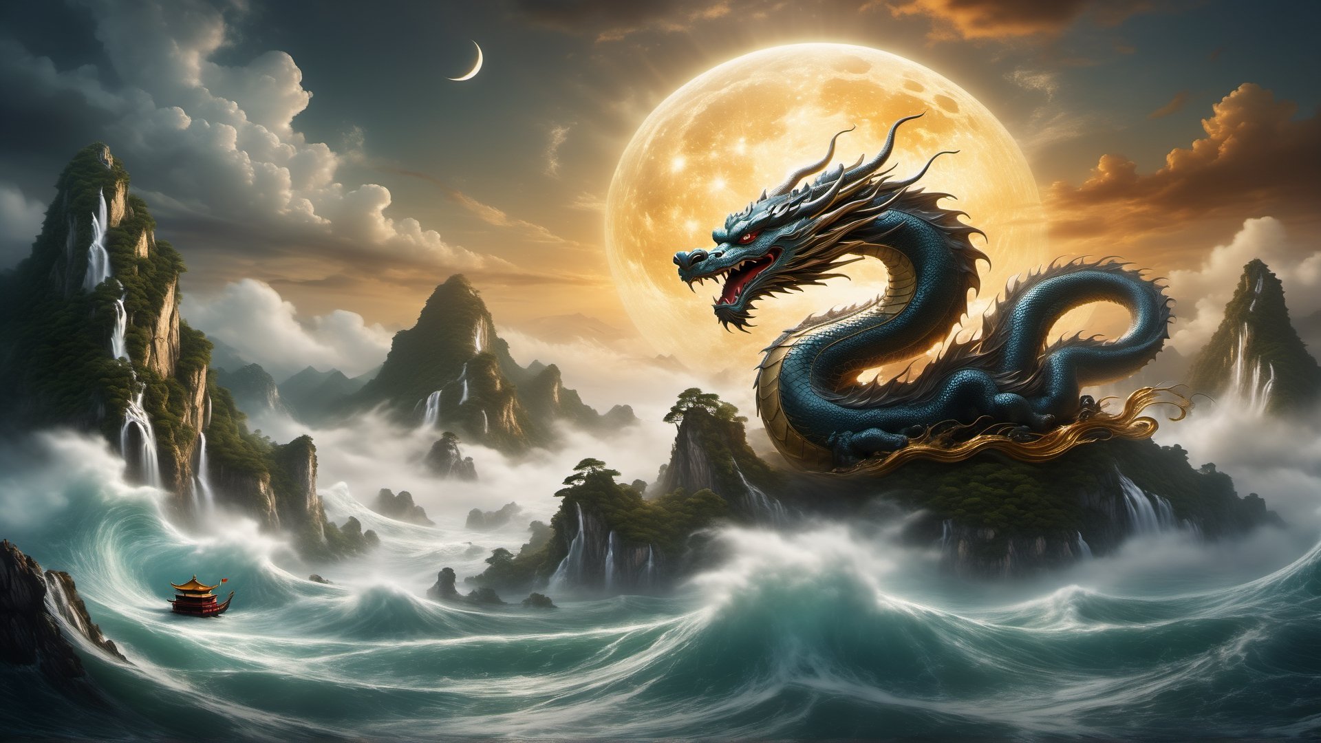 A huge dragon like a mountain devours the sun and the moon, its figure appears in the clouds, the black water is surging, (the waves rush to the sky), the fairy mountain island, (the pavilion is in the clouds in mid-air), ((clouds and mist)), roaring, fierce, ((Chinese mythology)), high quality, ultra-fine, detailed, accurate, (masterpiece), master work, (16k resolution), movie lighting, dynamic perspective,