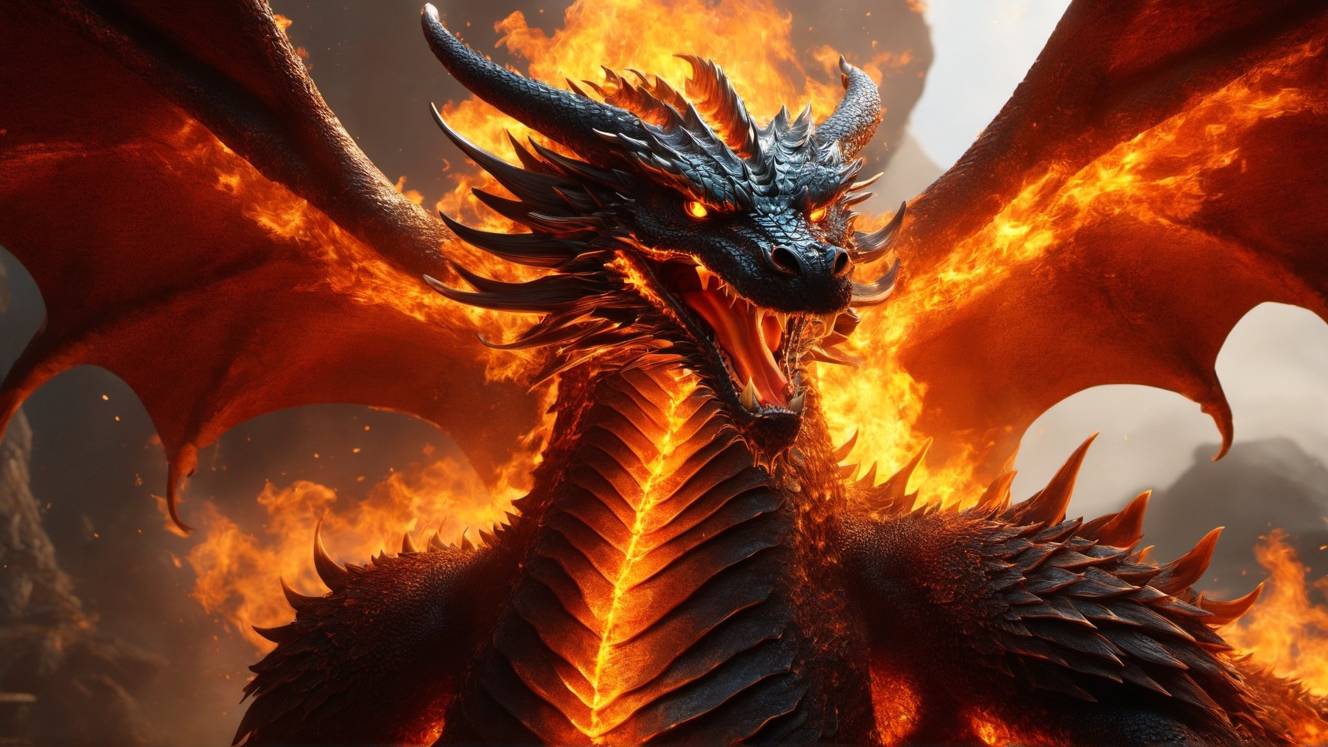 (masterpiece), ((best quality + highres + stunning art)), (aesthetic + beautiful + harmonic), {{Floating fire magic and a burst of flames}}, ((cinematic lighting + dynamic angle), ray tracing, ((very aesthetic)), (symmetrical intricate details + sharpen symmetrical details), (((face closeup:1.5)) of the gelid dragon, a dragon with its scales engraved with fire intricate details, imposing and flames wings, a glowing and hot stare, inside its fire lair that no one dares to enter),realistic