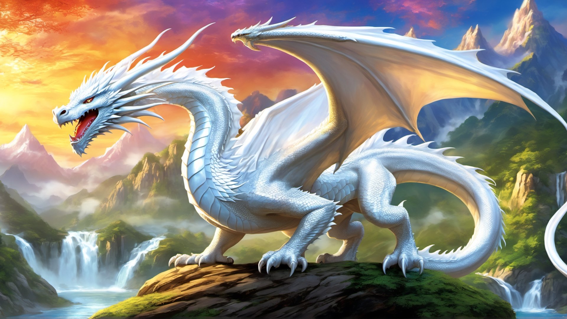 Imagine a spellbinding fantasy scene featuring a majestic magical creature—a white dragon with scale skin, an open mouth revealing sharp teeth and claws, and a powerful tail. Request meticulous attention to detail, vibrant colors, and a 32k high-quality image that brings this mythical dragon to life in a super-real and visually stunning manner. Specify a fantastical world-style background that enhances the dragon's presence, creating a masterpiece that captures the awe and wonder of a magical realm