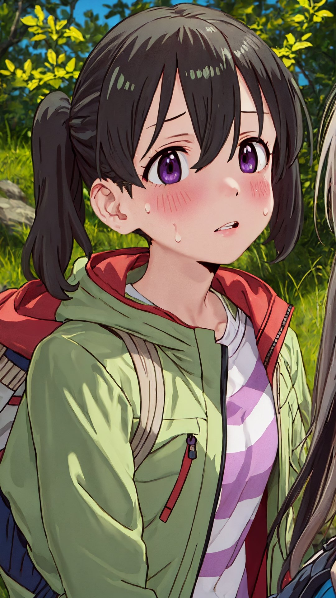 (masterpiece, best quality:1.1), intricate details, (  blush ,  sweating : 1.0) , hiking,  outdoor Jacket, 

kuraue_hinata_encouragementofclimb, 
black_hair, blush, purple_eyes, twintails, bangs,  hair_between_eyes