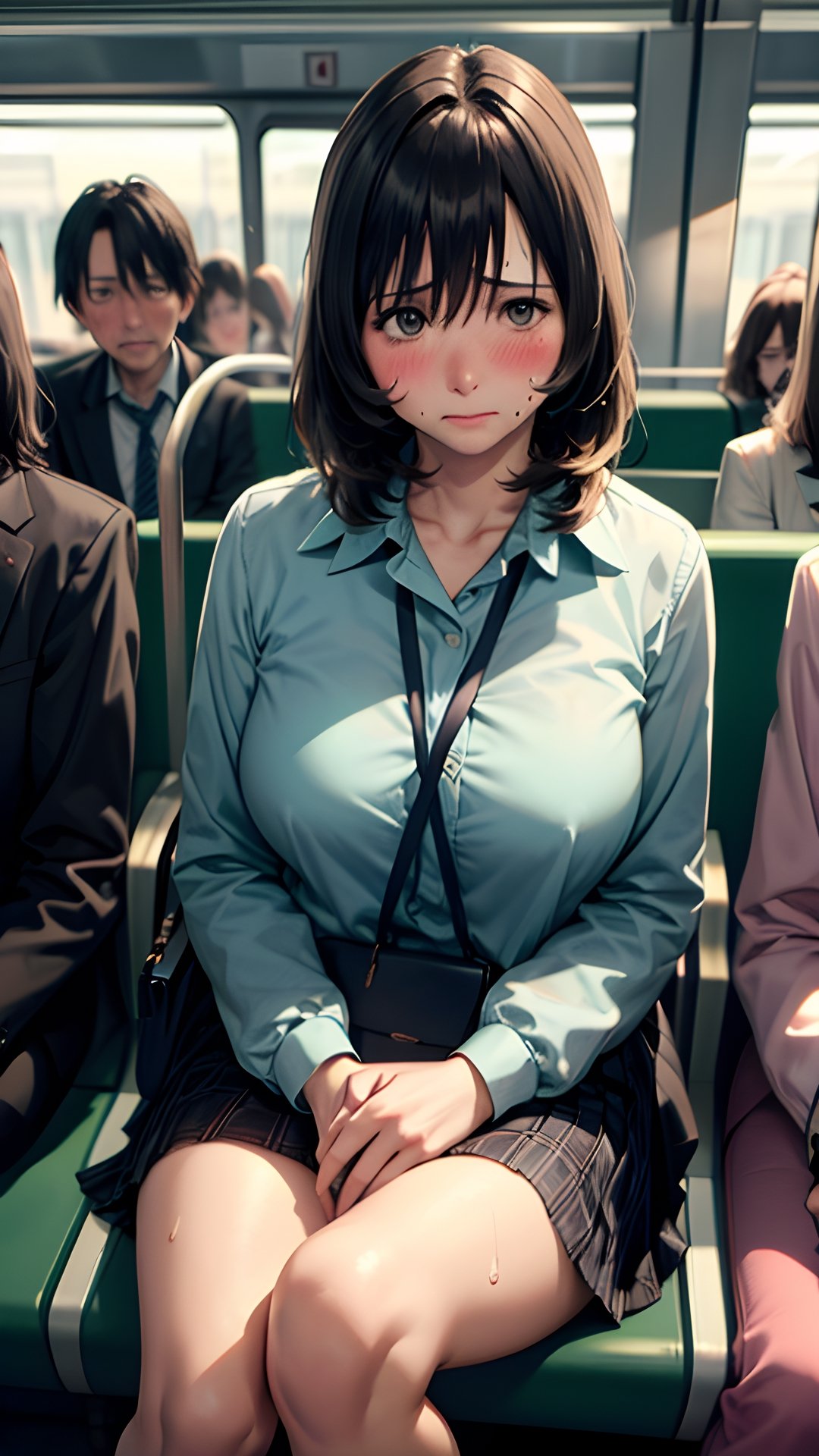 (masterpiece, best quality:1.1), intricate details,(sweating, blush, embarrassed: 1.1)  , looking at viewer,  in the train  , ( passengers, commuters : 1.2 )  , 
natsukawa_machiko