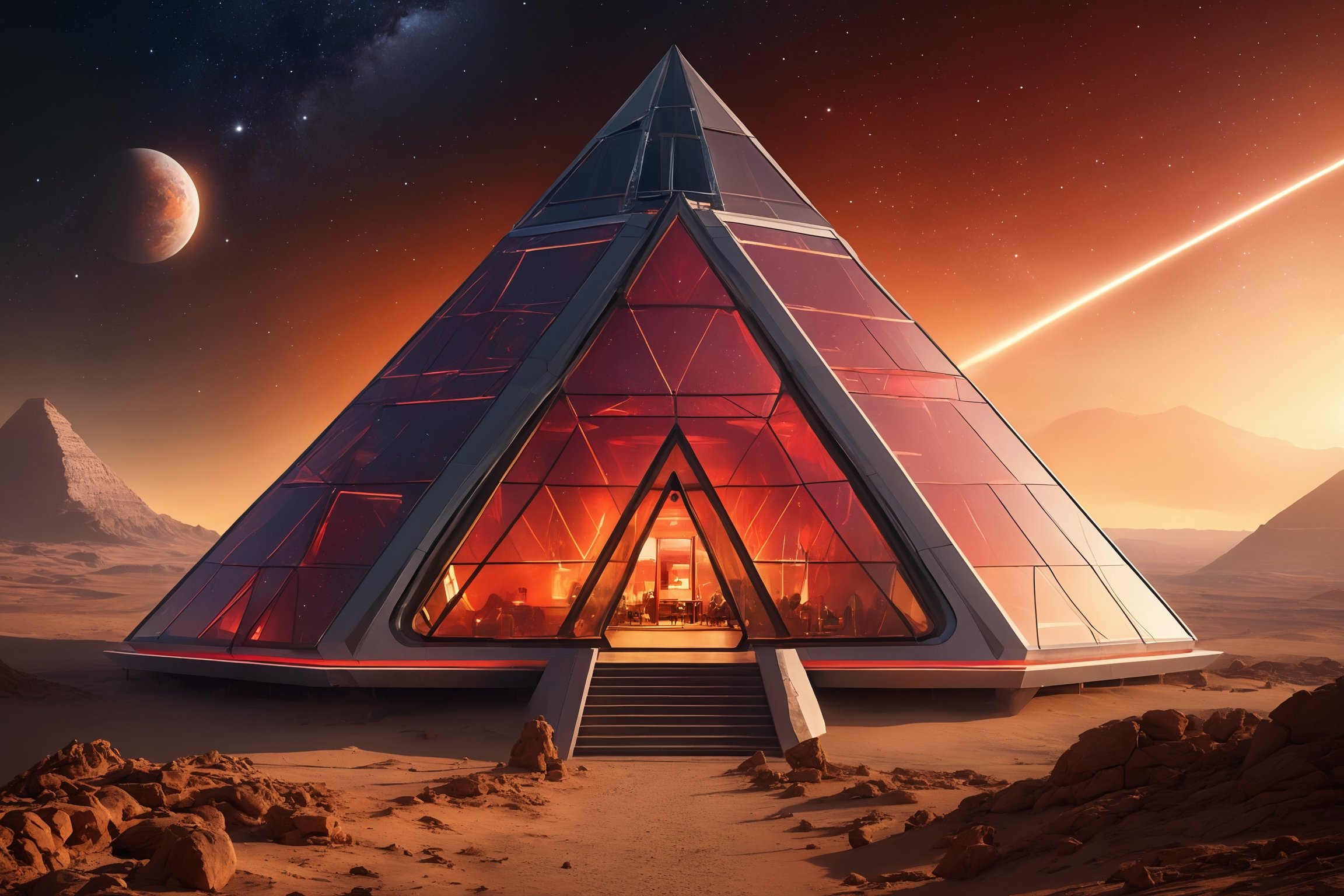 A futuristic, high-tech pyramid house rises from the milky way, illuminated by red lights and laser cannons. The rhombus windows reflect the stars, while the octagon door glows with a soft, golden light. The building's surface features intricate details, showcasing professional photography standards. In the background, a detailed, photorealistic cityscape stretches into the distance, with insane details and extreme depth of field, rivaling Ultra HD, HDR, and 8K quality.