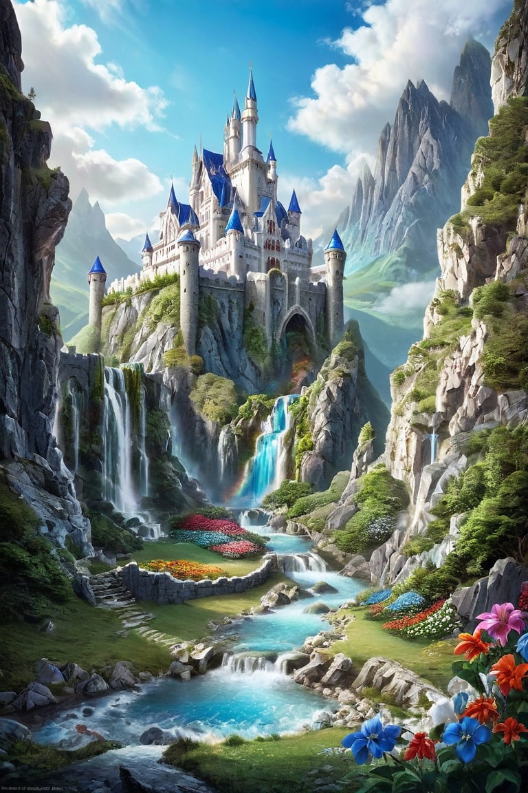 a photograph of a large castle with white stone, crystal blue waterfall, large mountains, multicolored flowers, mystical, fantasy, hyper-realism, realistic, masterpiece, intricate details, best quality, highest detail, professional photography, detailed background, depth of field, insane details, intricate, aesthetic, photorealistic, Award - winning, with Kodak Portra 800, extreme depth of field, Ultra HD, HDR, DTM, 