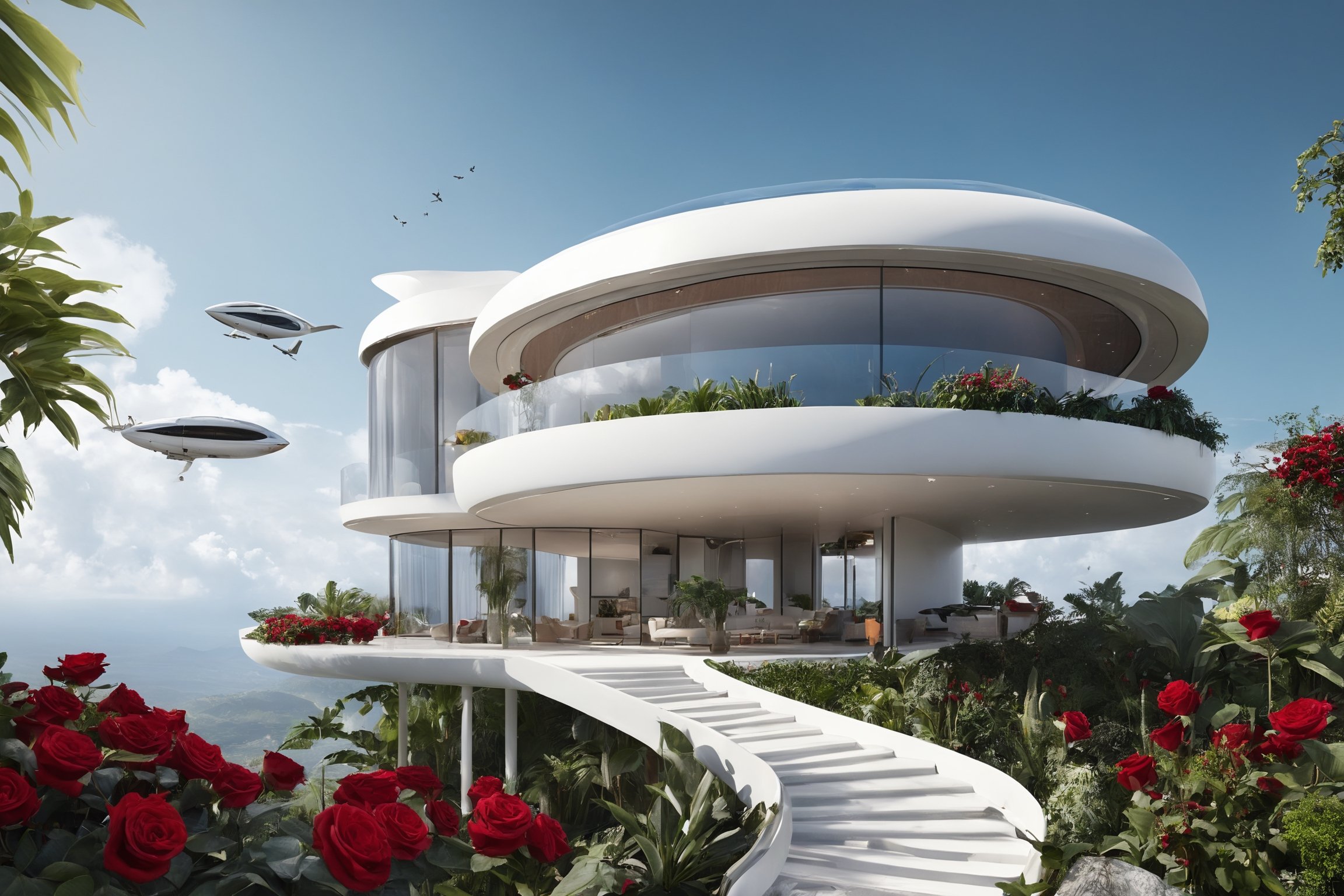 modern ellipse, large vertical ellipse house that's floating in the clouds, tropical plants, house, white color, floating steps rise up to the front door, round windows, oval shaped door, a large balcony incircles the house and flower pots with red roses are sitting on the balcony, a porch incircles the house, building, outdoors, a landing pad for flying vehicles, no humans, day, sky, epic, futuristic, fantastic, future, fantasy, science fiction, hyper-realism, realistic, masterpiece, intricate details, best quality, highest detail, professional photography, detailed background, depth of field, insane details, intricate, aesthetic, photorealistic, extreme depth of field, Ultra HD, HDR, DTM, 8K
