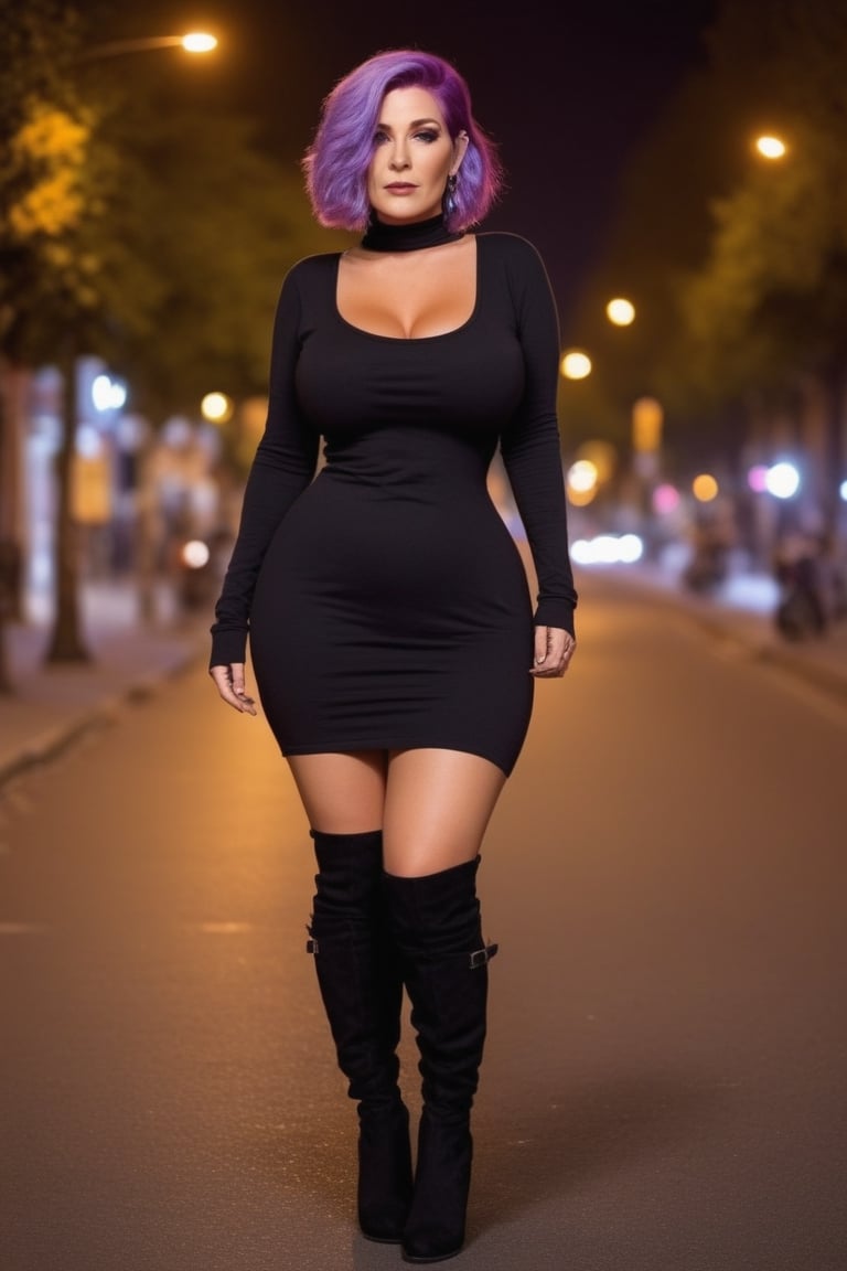 Granny with purple hair, black short tshirt dress, knee length boots, massive big boobs, on street, full body, showing sexy legs, distance shot full body, night time