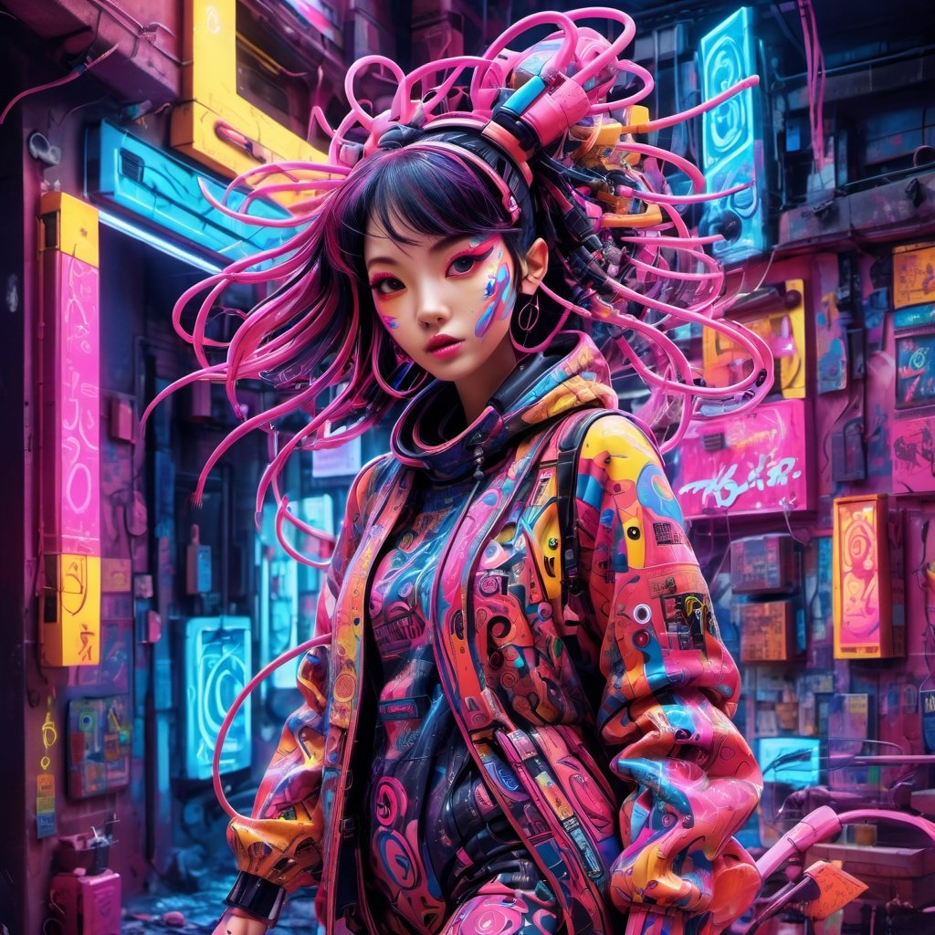 Psychedelic, decopunk, fantasy art, mystical, surreal, dystopian, futuristic, gaudy bright colors, resplendent Japanese women Cyberpunk enraptured in purely ecstatic delight, wearing radiant future fashions with neon LED accents, street art, Tibetan painting, spray paint, everything is dripping acrylic paint with neon LED accents, traditional elements Japan hyperrealistic
