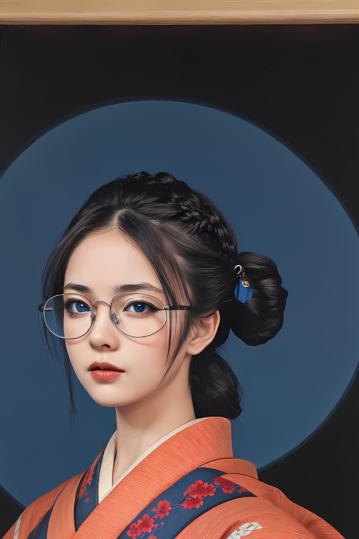 1girl, miyo, (old Japanese background at night), 1 girl, long black hair, (french braid:1.1), (blue eyes, sparkling eyes), (round eyeglasses:1.1), boobs, (kimono, obi), ((portrait), (looking at viewer)), , , , , 