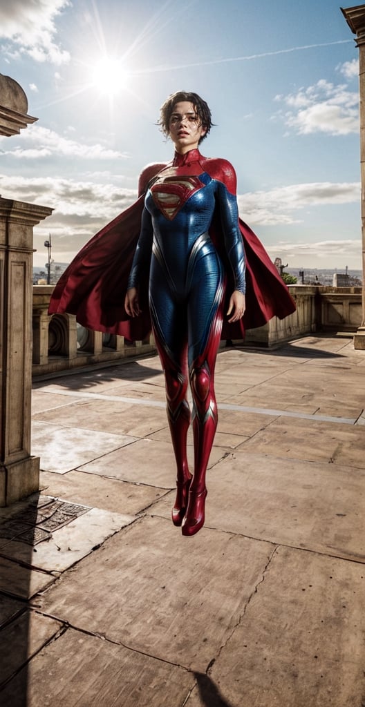 Masterpiece, top quality, high definition, high resolution , a supergirl flying, details, ,midjourney,photorealistic,sasha calle, black costume, 