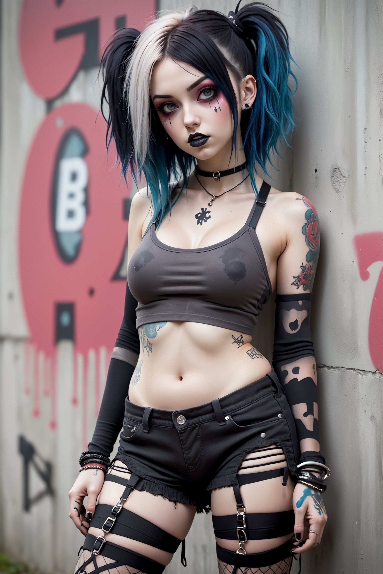 beautiful 20yo girl, a girl in Fairy Grunge fashion, blending ethereal charm with a touch of grunge edge, She wears a tiny micro bikini top and panties, baseball boots and torn black stockings, creating a whimsical contrast to the rebellious aesthetic. Messy, multi-colored hair and makeup complete the look, baseball boots, goth person, piercings, nipple piercing, tattoos, ExStyle, Urban Grafitti covered concrete wall Background, AI_Misaki, p3rfect boobs, Wonder of Beauty,p3rfect boobs,cleavage,TechStreetwear