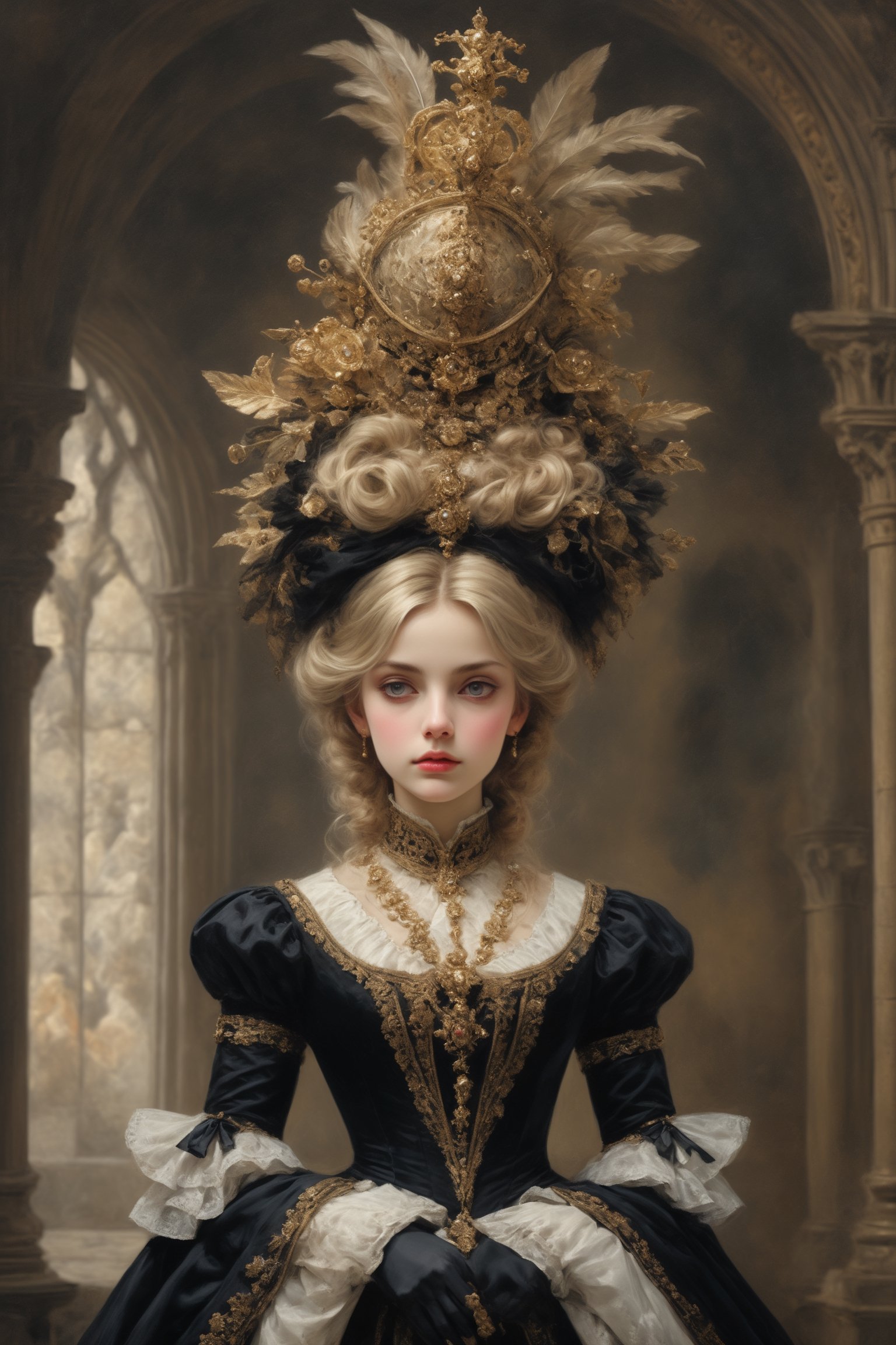 Elegantism, opulent scene, full portrait of a Victorian lady, heroic, black clothes, gold trim, castle, head and shoulders portrait, 8k resolution. (masterpiece, top quality, best quality, official art, beautiful and aesthetic:1.2), (1girl:1.4), upper body, blonde hair, portrait, extreme detailed, 