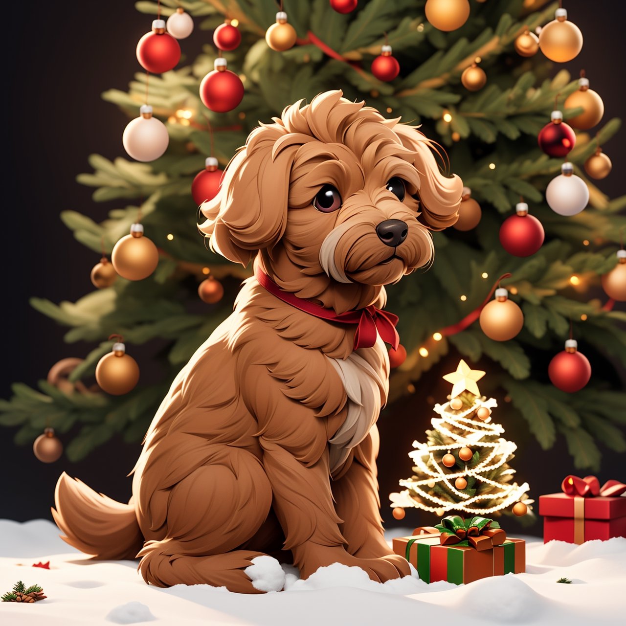 a cute all light beige australian labradoodle with a brown nose, full body, sitting_down, snow on the ground, Christmas tree in background, christmas lights