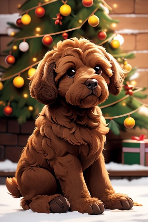 a cute all caramel australian labradoodle with a brown nose, full body, sitting_down, snow on the ground, Christmas tree in background, christmas lights