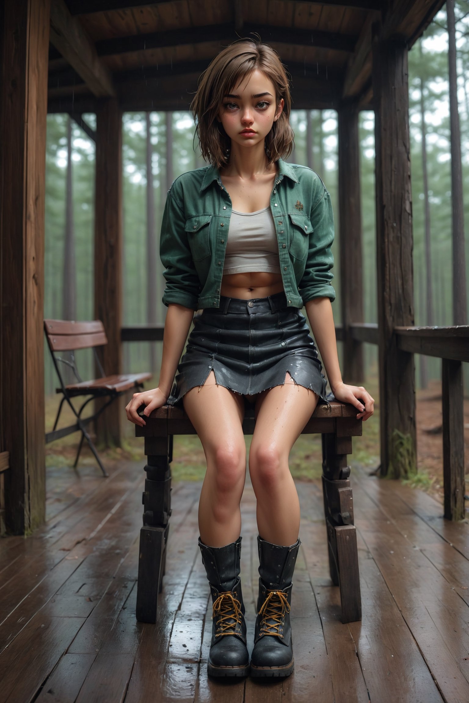 Professional photo of a spring pine forest in the rain, beautiful girl sitting on a wooden chair. wearing croptop lumberjack shirt and low hung ultra short micro miniskirt, long slender legs, combat boots, View from an old dark (porch:1.2), path, overhang. Contrast, detailed, hires, UHD, 8K, aesthetic portrait