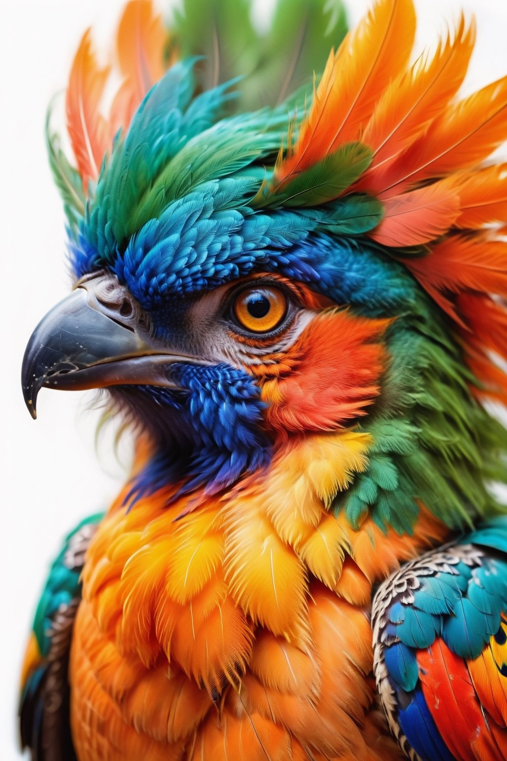 close up of the head of a beautiful highly colored feathered bird, phoenix, beautiful coloration of the feathers, ornate plumage, orange, green, blue, full head, bird of prey beak, high quality, 8k, sharp details, fine art painting, plain white background